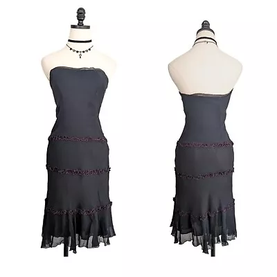 Vintage Nicole Miller Mini Dress Silk Ruffle Y2K Fairy Goth Cocktail Red Black 4 • $128
