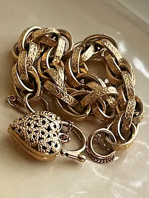 Vintage 9ct KT Gold Ornate Curb Bracelet + Filigree Heart Padlock 20g/7/ 375 NEW • £785