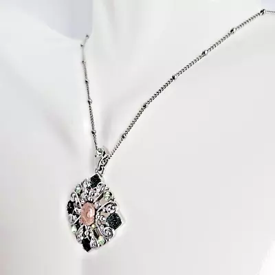 Womens Silver Tone Mandala Pendant Necklace With Faux Gemstones • $14.39