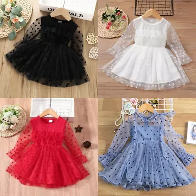 Baby Girls Mesh Bow Tutu Dress Infant Long Sleeve Party Princess Wedding Dresses • £11.99