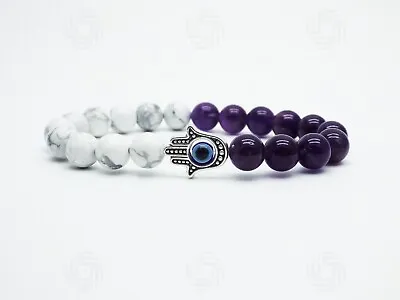 Amethyst Howlite Hamsa Bracelet Hands Of Fatima Gemstone Evil Eye Healing Gift • £8.99