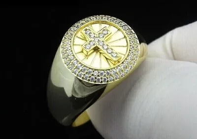 2 Carat Lab Created Diamond Holy Cross Pinky Mens Ring Yellow Gold Plated Silver • $224.64