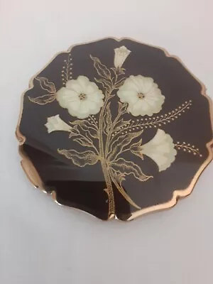 Vintage Stratton Powder Mirror Compact Enamel Black  & Gold W/ White Flowers • $29.95