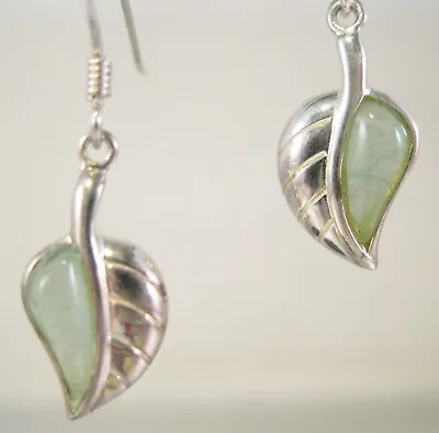 Vintage Green Chrysoprase Leaf Sterling Silver Earrings Signed RJ Fine Jewelry • $24.99