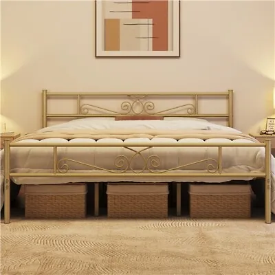 King Metal Bed Framed Platform Bed With Headboard And Footboard Antique Gold • $91.99