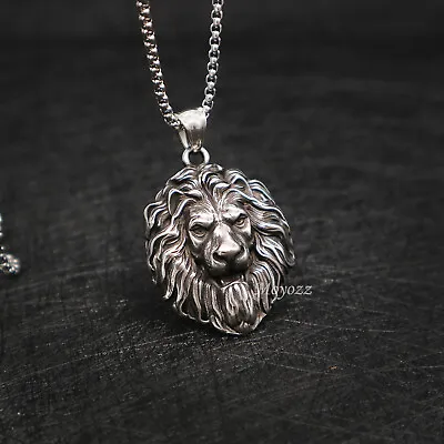 Mens Stainless Steel Large Lion Head 24 Inch Pendant Necklace Chain Gift • $10.99