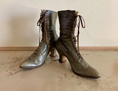 $135 • Buy Antique Victorian Edwardian Green Leather Lace Up Boots Shoes