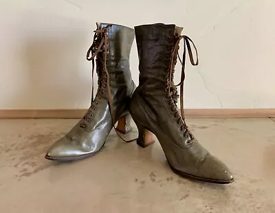 Antique Victorian Edwardian Green Leather Lace Up Boots Shoes • $80