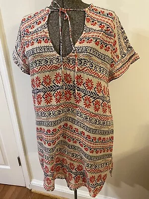 Zara Basic Ethnic Print Red Blue Ivory Boho V-neck Cotton Lightweight Sz L • $23