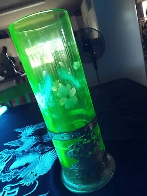 Extremely Rare Old Large Green Uranium Glass Vase With Metal Base Very Old Rare • $550