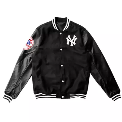 New York Yankees MLB Classic Letterman Varsity Jacket W/ Leather Sleeves - Black • $109