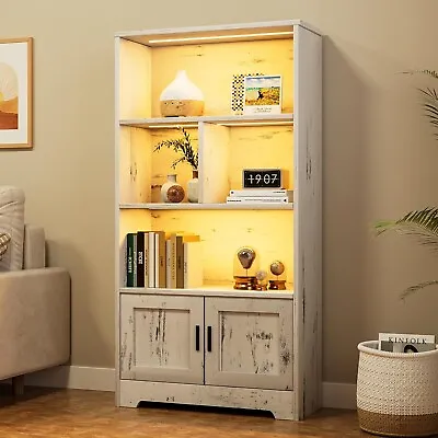 Bookshelf With LED Light Large Display Shelf Wood Doors Storage Cabinet Bookcase • $149.99