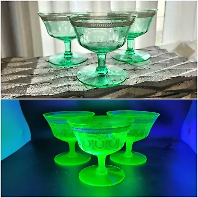 Vintage Depression Glass Morgantown Etched Uranium Glass Sherbet Cups W/ Gold... • $16