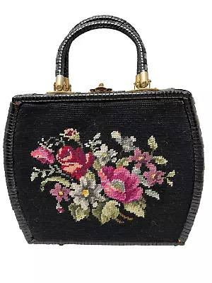 Vintage Woven Needlepoint Basket Handbag Hong Kong Black Floral • $28.99