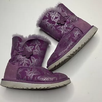 UGG Bailey Purple Silver Suede Butterfly Button Fur Boots Big Girls Size 2 • $40