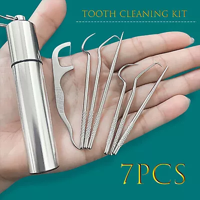 7PCS Toothpick Set Metal Stainless Steel Oral Tooth Cleaning With Storage Tube • £3.69