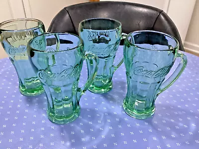 Libbey Coca Cola Coke Glasses Mugs With Handles Thick Green Heavy Glass Set Of 4 • $24.99