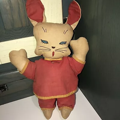 Vtg 1940s 1950s Handmade Rag Doll Easter Bunny Rabbit 14” Stuffed Toy Vintage • $25