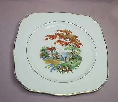 VINTAGE H & K TUNSTALL AUTUMN SCENE CAKE PLATE  9 7/8  X 7  3/4  YELLOW ORANGE • $12.26