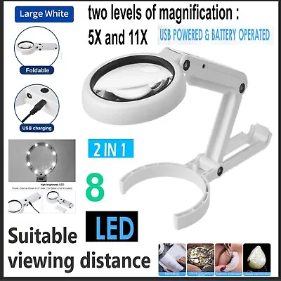 Foldable Magnifying Glass 8 LED Lamp Light 5X 11X Large Magnifier Stand Table • £9.60