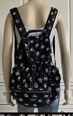 VICTORIA'S SECRET ‘PINK’ Black & Silver Dotty Sequin Bling Backpack Bag RARE • $34.99