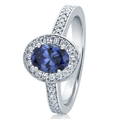 Women 10.5MM Sterling Silver Oval 0.75ct Tanzanite Halo Cocktail Ring Band • £55.91