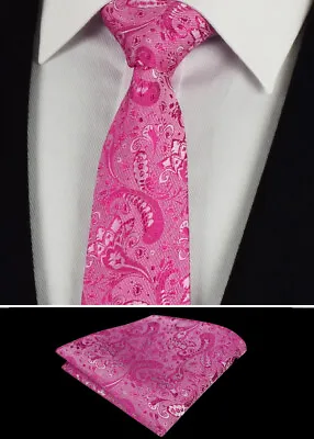 £5.49 • Buy Mens Necktie & Hanky - Fuschia Pink Wedding Silk Paisley Pocket Square 