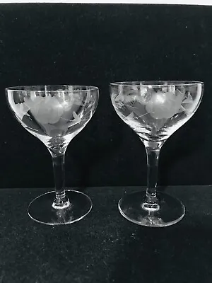 $4.99 • Buy Vintage Pair Of Etched Crystal Sherry Glasses With Flower & Leaf Pattern 4-3/8 