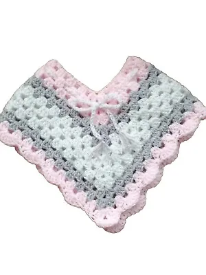 Handmade Crochet Poncho Baby Girl Grey/Pink/White. Age 0 To 4 Mths. L@@K! • £9.95