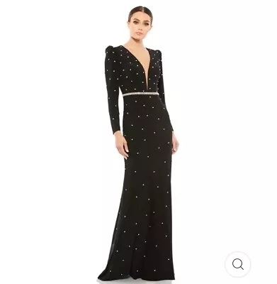 Mac Duggal 67874 Belted Jewel Encrusted Plung Neck Long Sleeve  Black Gown 10 • $128