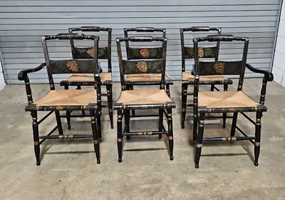 Antique Hitchcock Style Dining Chairs Black And Gold With Rush Seats - Set Of 6 • $1299