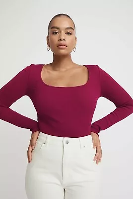 $25 • Buy WITCHERY Cotton Square Neck Long Sleeve Top In Rhubarb XS AU 8