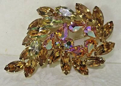 Fabulous Vintage UNSIGN WEISS? AURORA & TOPAZ SPARKLY Rhinestone Brooch LEAF PIN • $55