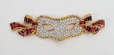 Signed Swarovski Red Clear Crystal Mardi Gras Masquerade Mask Brooch 4-1/8  Long • $95