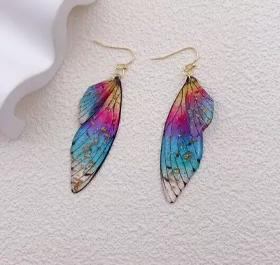 'Butterfly Wings Earrings Rainbow Design With Rhinestones Gold Hook Close • $22.95