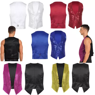 Mens Sequin Vest Shiny Suit V-Neck Party Dress Stylish Tailcoat Waistcoat Jacket • $13.97