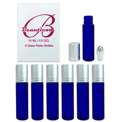 6pcs 10ML Frosted Blue Glass Roller Bottles With Steel Ball And Silver Cap • $6.49