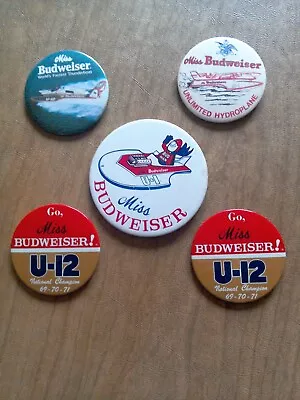 SALE!! 5 Miss Budweiser Hydroplane Buttons Pins U-12 And U-1 From 1971 To 1980s • $32