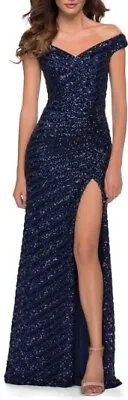 New LA FEMME Sequin Stripe Off The Shoulder Gown In Navy Size 8 Retail $448 • $127.98