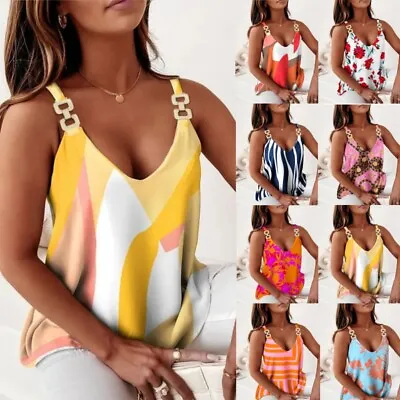 Women Summer Casual Sexy Sleeveless Tops Ladies Baggy Strappy V Neck Vest Tees • £8.99