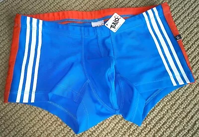 TULIO Brazil 'Racing Stripes' Men's Square Cut Swim Suit M 30-32 Blue W/Org NWT! • $65