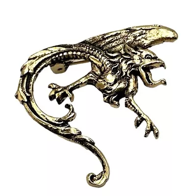 Vintage Dragon Brooch Pin Gold Tone Stamped Metal 1.25 Inch • $11.99