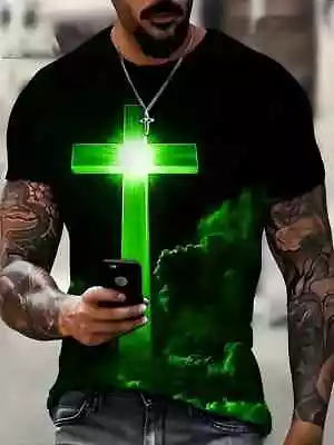 T Shirt Christian Cross Cloud Green Black Fashion Trendy Men's Short Sleeve Soft • $19.86