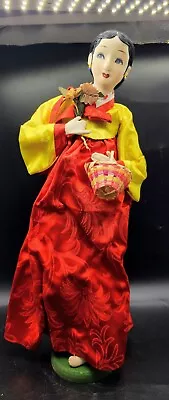 Vintage Asian Japan Doll Figurine Cloth Kabuki Kimono Silk Dress Painted 15ins • $22