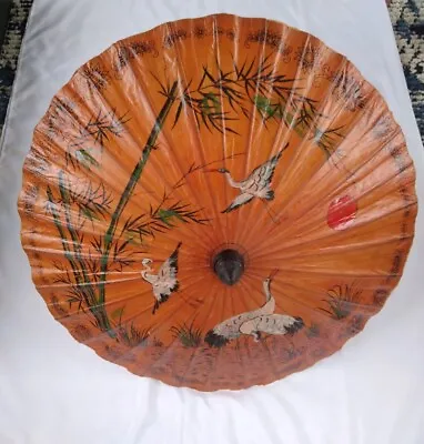 Vintage Japanese Asian Umbrella Parasol Lacquered Rice Paper Hand Painted Cranes • $34.99