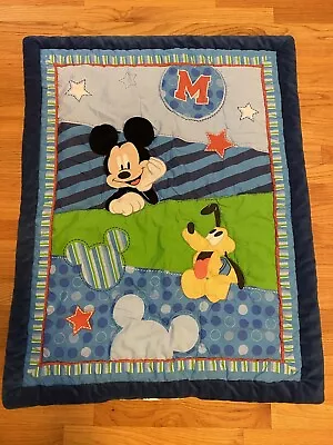 Disney Mickey Mouse Pluto Baby Crib Comforter Blanket Quilt Blue Green Dots Trim • $31.45