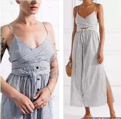 MARA HOFFMAN Thora Black White Stripe Wrap Tie Slit Button Maxi Slip Dress XS • $145