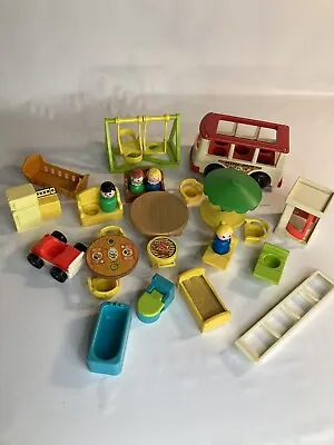 Vintage Fisher-Price Little People Green Yellow Swing Set Bus People Lot • $48