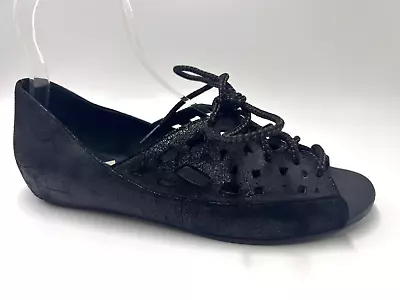 Ziera Shoes Sz 41W Black Nubuck Leather Peep Toe Lace Up Flat Sandals No Inserts • $47