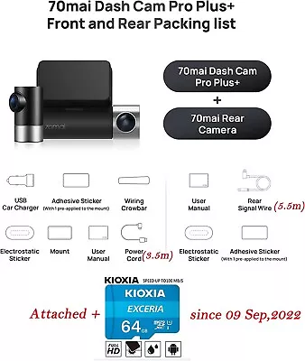 $155.99 • Buy 70Mai A500S Front And Rear Dash Cam Pro Plus(Attached 64GB MicroSDXC UHS-Card)